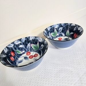 William Sonoma Bowls Blue Red Cherries Green & White Leaves Cereal Rice Decorati